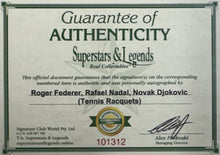 Load image into Gallery viewer, ROGER FEDERER, RAFAEL NADAL & NOVAK DJOKOVIC Signed Tennis Racquets Display