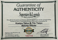Load image into Gallery viewer, Red and black signed gloves by Kostya & Tim Tszyu, framed display