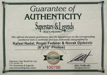 Load image into Gallery viewer, ROGER FEDERER, RAFAEL NADAL & NOVAK DJOKOVIC Signed Photos & Balls Collage Display