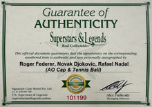 Load image into Gallery viewer, ROGER FEDERER, NOVAK DJOKOVIC & RAFAEL NADAL Signed Cap & Tennis Ball Collage Display