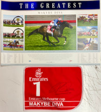 Load image into Gallery viewer, MAKYBE DIVA - Glen Boss Signed Saddle Cloth & 3-Peat Melbourne Cup Print Display