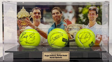 Load image into Gallery viewer, ROGER FEDERER, RAFAEL NADAL & NOVAK DJOKOVIC Signed Tennis Balls in Display Box