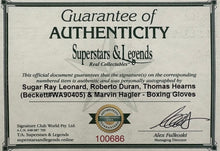 Load image into Gallery viewer, SUGAR RAY LEONARD, ROBERTO DURAN, THOMAS HEARNS & MARVIN HAGLER, “Four Kings” Signed Boxing Gloves Display1