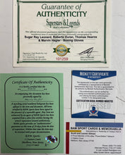 Load image into Gallery viewer, SUGAR RAY LEONARD, ROBERTO DURAN, THOMAS HEARNS & MARVIN HAGLER, “Four Kings” Signed Boxing Gloves Display1