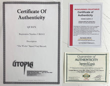 Load image into Gallery viewer, QUEEN - FREDDIE MERCURY, BRIAN MAY,ROGER TAYLOR & JOHN DEACON Signed “The Works” Vinyl LP Collage Display