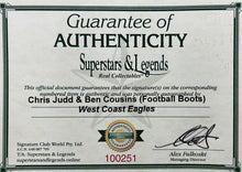 Load image into Gallery viewer, Signed football boots by Chris Judd & Ben Cousins & lithograph display