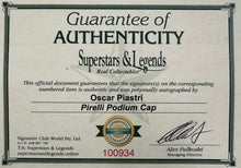 Load image into Gallery viewer, Oscar Piastri Signed F1 Pirelli Podium Cap & Photo Collage Display
