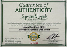Load image into Gallery viewer, LEWIS HAMILTON Signed Mercedes F1 Shirt & Championship Print Display