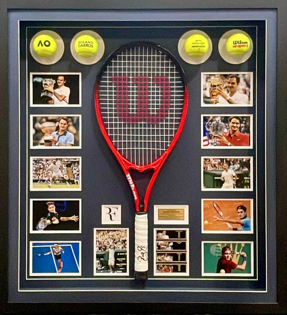 Roger Federer Signed Tennis Racquet & Photo Collage – Superstars