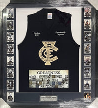 Load image into Gallery viewer, Signed Carlton captains display with vintage jumper and cards