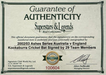 Load image into Gallery viewer, Australia v England 2002/03 Ashes Series Teams Signed Cricket Bat Display
