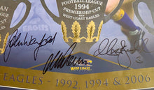 Load image into Gallery viewer, CHRIS JUDD, JOHN WORSFOLD & MICK MALTHOUSE Signed “West Coast Eagles Triple Triumph" Lithograph Display