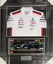 Load image into Gallery viewer, LEWIS HAMILTON Signed Mercedes F1 Shirt & Championship Print Display