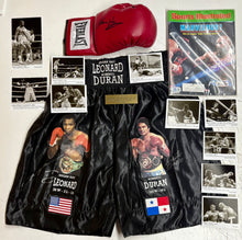 Load image into Gallery viewer, SUGAR RAY LEONARD, ROBERTO DURAN, THOMAS HEARNS & MARVIN HAGLER, “Four Kings” Signed Boxing Trunks & Glove Display3