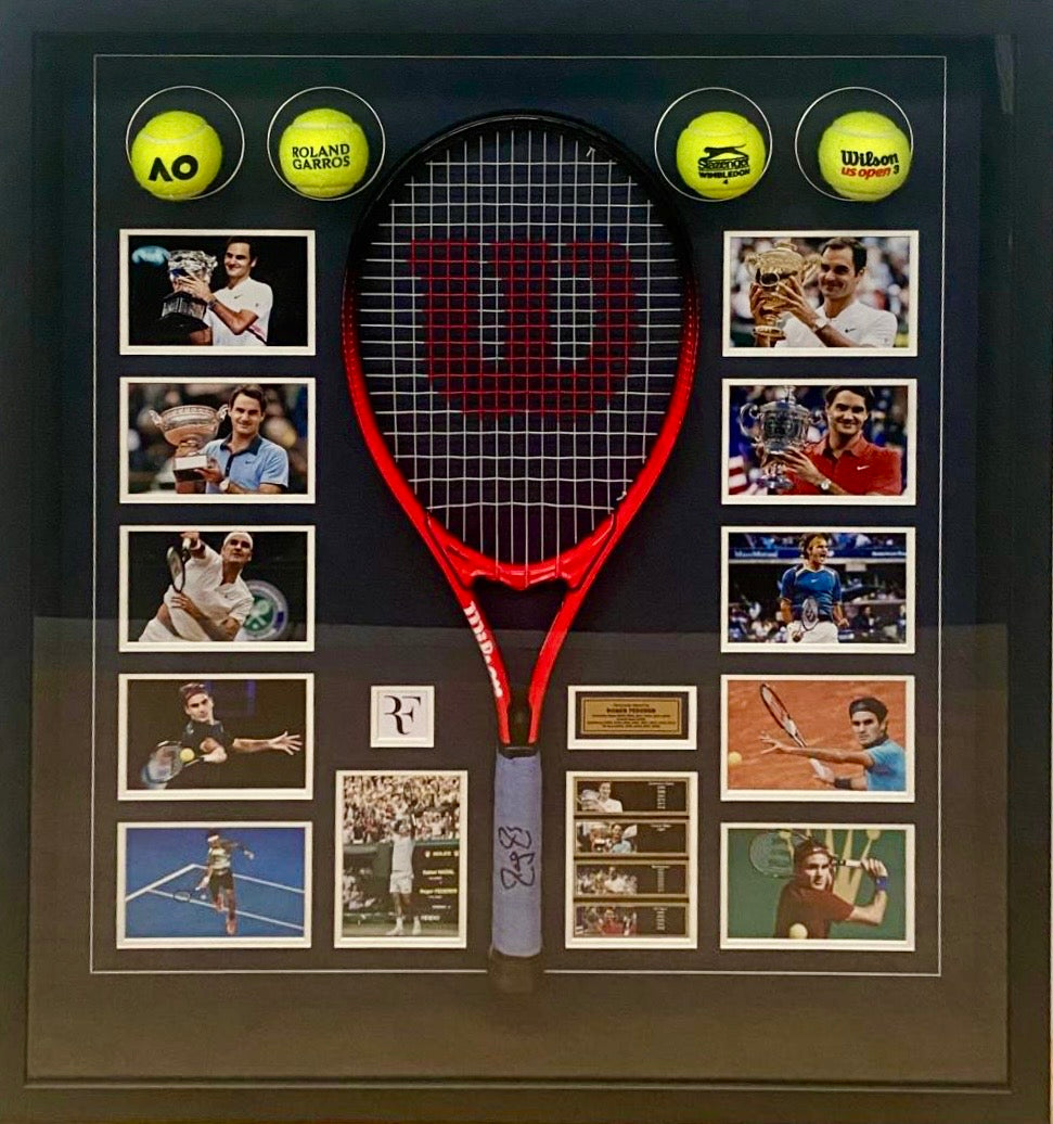 Roger Federer Signed Tennis Racquet & Photo Collage