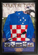 Load image into Gallery viewer, Collectible Makybe Diva signed race silks with 3-Peat print.