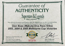 Load image into Gallery viewer, Collectible Makybe Diva signed race silks with 3-Peat print.