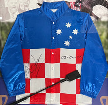 Load image into Gallery viewer, Signed Makybe Diva race silks and 3-Peat Cup print, framed.
