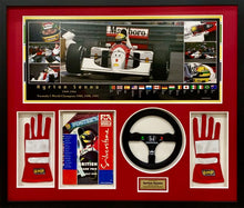 Load image into Gallery viewer, AYRTON SENNA Signed 1993 Silverstone F1 GP Programme &amp; Gloves &amp; Steering Wheel Display
