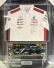 Load image into Gallery viewer, LEWIS HAMILTON Signed Mercedes F1 Shirt &amp; Championship Print Display
