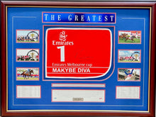 Load image into Gallery viewer, MAKYBE DIVA - Glen Boss Signed Saddle Cloth &amp; 3-Peat Melbourne Cup Print Display
