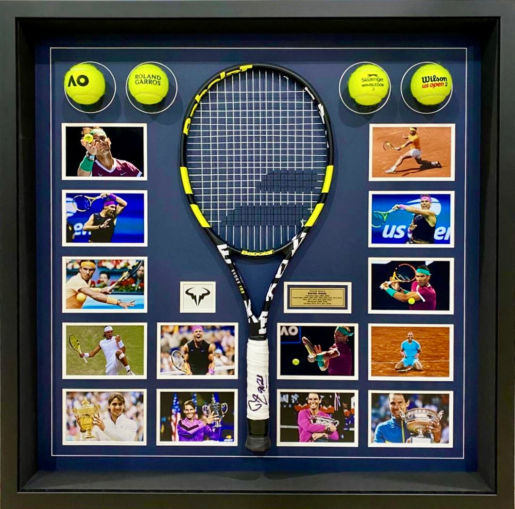 RAFAEL NADAL Signed Tennis Racquet & Photos/Balls Collage Display