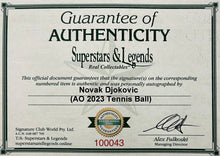 Load image into Gallery viewer, NOVAK DJOKOVIC Signed AO 2023 Tennis Ball &amp; Photo Collage Display
