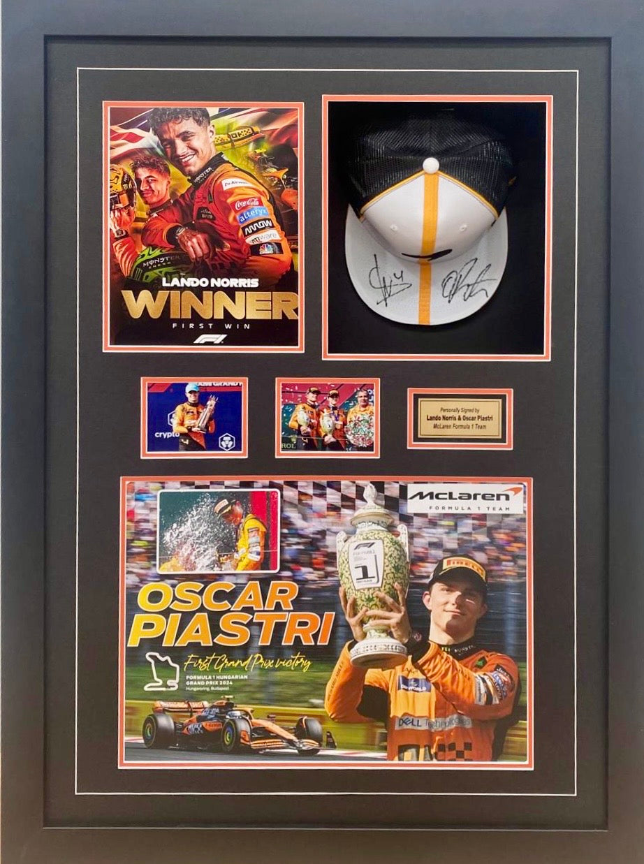 LANDO NORRIS & OSCAR PIASTRI Dual Signed McLaren F1 Team Cap Display
