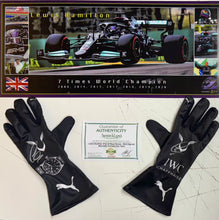Load image into Gallery viewer, LEWIS HAMILTON “Mercedes F1 Team” Signed Race Gloves (Pair) &amp; Championship Print
