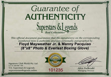 Load image into Gallery viewer, FLOYD MAYWEATHER JR. &amp; MANNY PACQUIAO Signed Boxing Glove &amp; Photo Display
