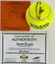 Load image into Gallery viewer, CARLOS ALCARAZ Signed &amp; Authentic Used Tennis Ball from 2025 Roland Garros on Official Base
