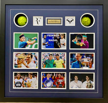 Load image into Gallery viewer, ROGER FEDERER &amp; RAFAEL NADAL Signed Tennis Balls &amp; Photo Collage Display
