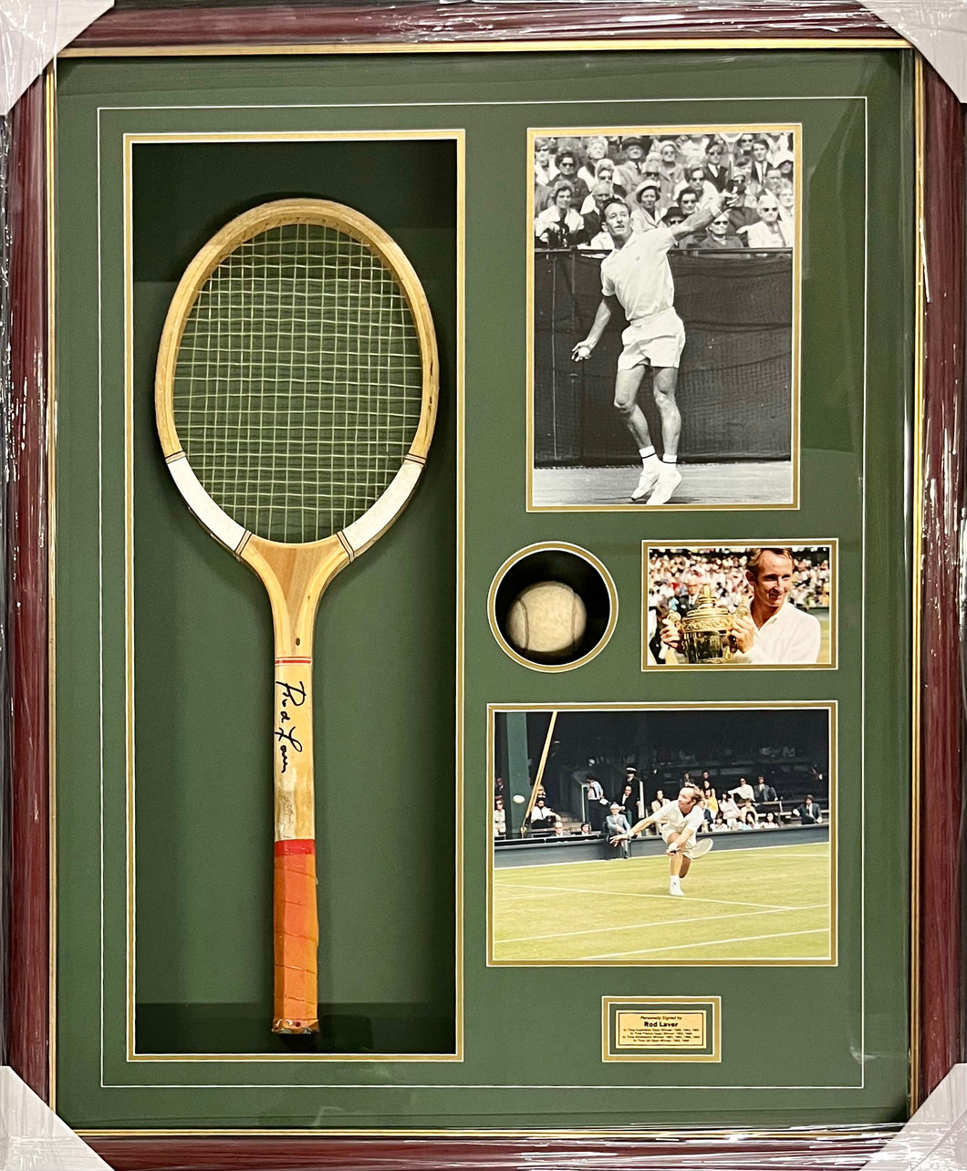 ROD LAVER Signed Tennis Racquet Collage Display