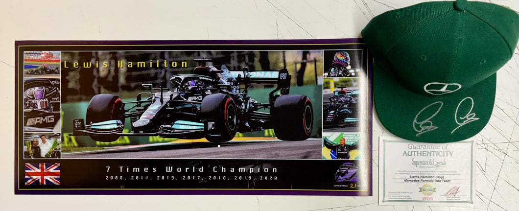 LEWIS HAMILTON Signed Mercedes F1 Team Cap & Championship Print