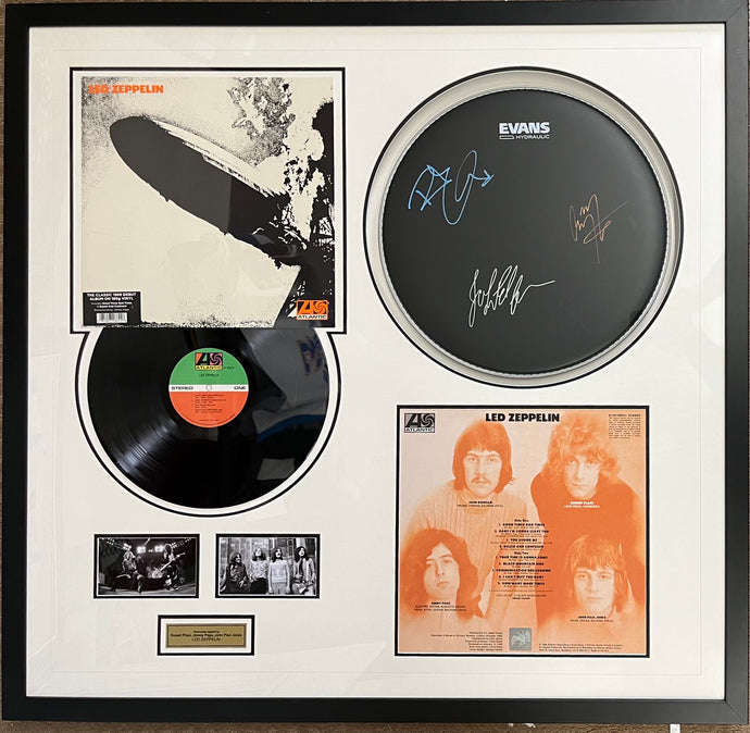 Led Zeppelin signed drum head and LP display