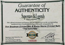 Load image into Gallery viewer, DON BRADMAN &amp; SHANE WARNE “The Immortals” Signed Cricket Bat &amp; Ball Display
