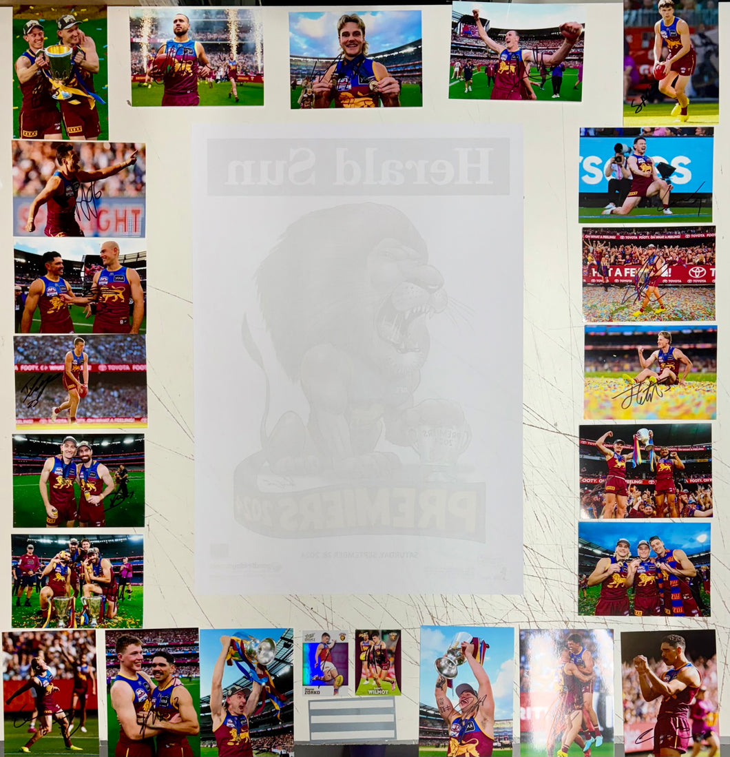 BRISBANE LIONS “2025 Premiers” Team Signed Photos & Poster Collage Display