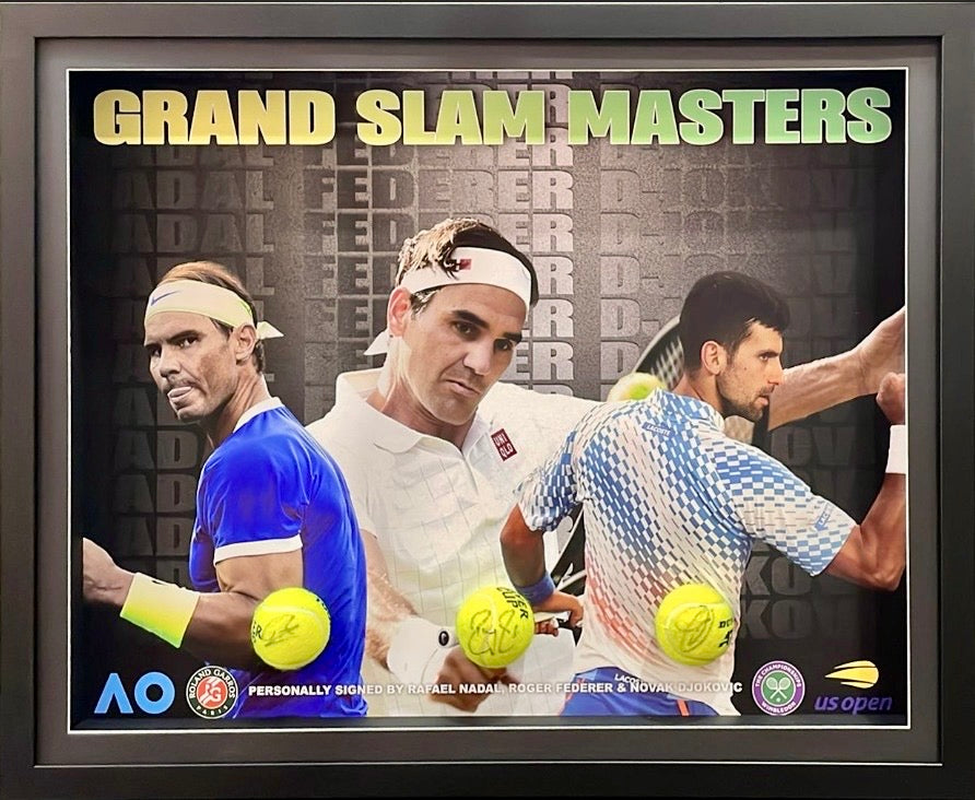 ROGER FEDERER, RAFAEL NADAL & NOVAK DJOKOVIC Signed Tennis Balls Display