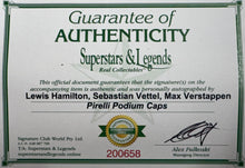 Load image into Gallery viewer, LEWIS HAMILTON, SEBASTIAN VETTEL &amp; MAX VERSTAPPEN Signed F1 Pirelli Podium Caps

