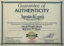 Load image into Gallery viewer, OSCAR PIASTRI Signed F1 McLaren Team Shirt &amp; Print Display
