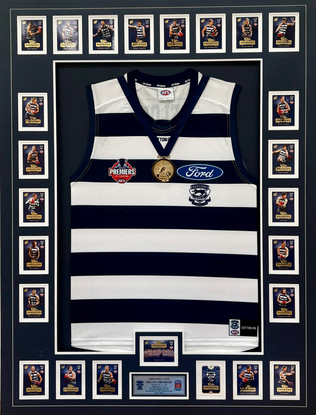 GEELONG CATS 2022 Premiership Team Signed Official Cards & Jumper Display