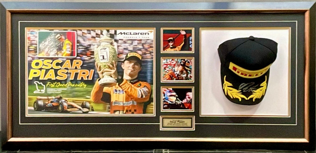 OSCAR PIASTRI Signed F1 Pirelli Podium Cap & Photo Collage Display