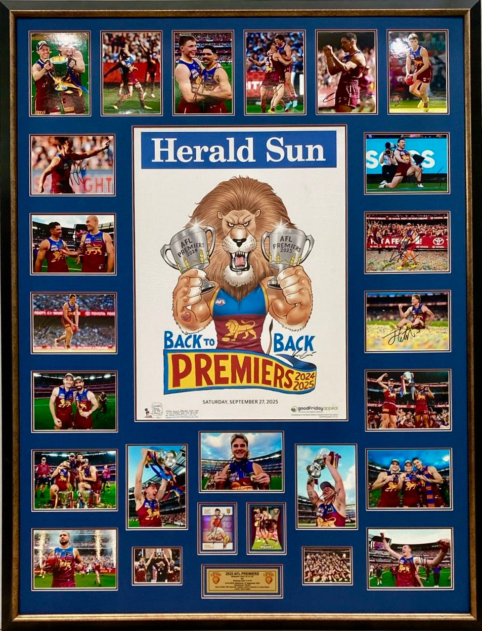 BRISBANE LIONS “2025 Premiers” Team Signed Photos & Poster Collage Display