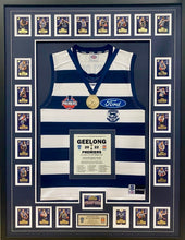 Load image into Gallery viewer, GEELONG CATS 2022 Premiership Team Signed Official Cards &amp; Jumper Display
