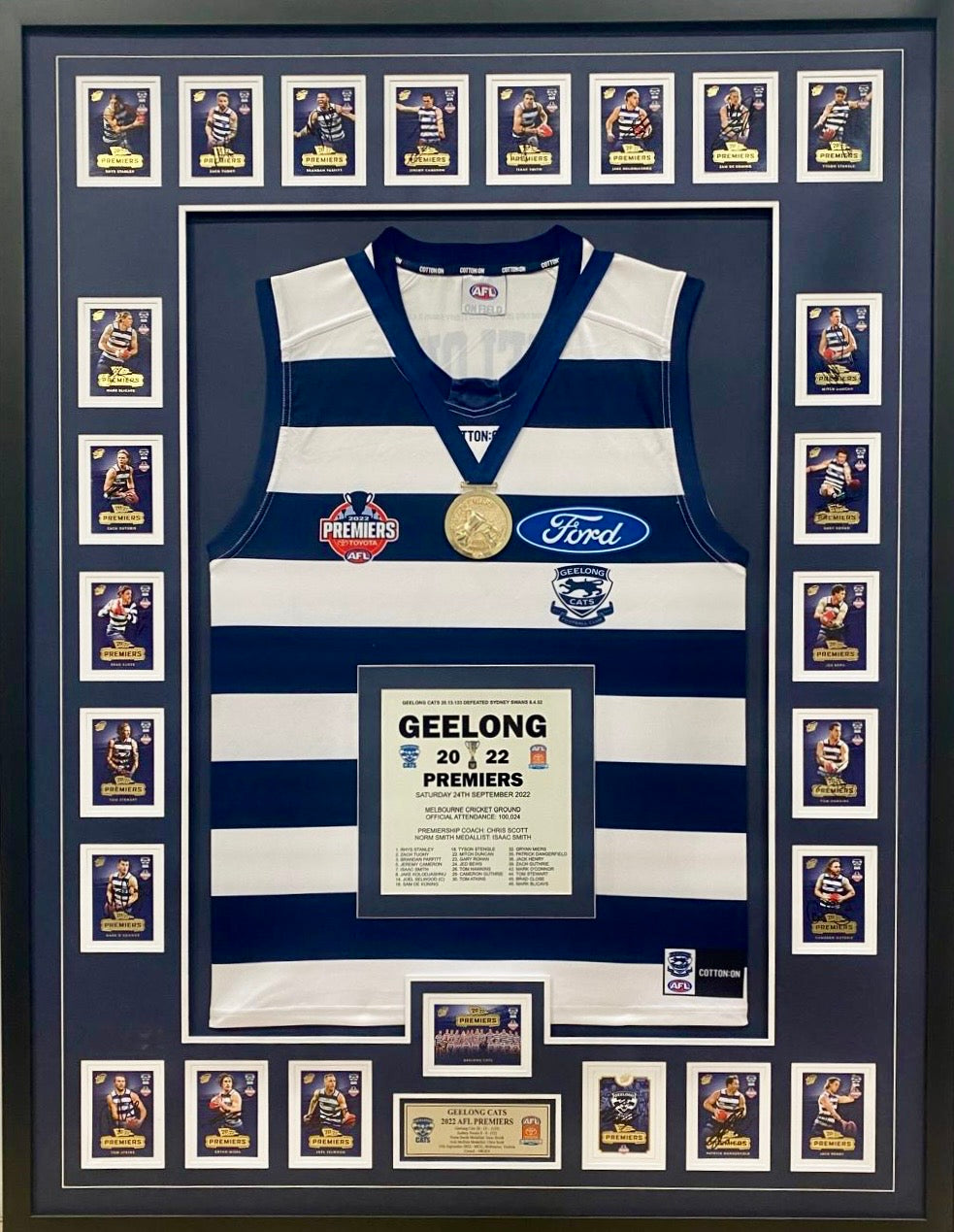 GEELONG CATS 2022 Premiership Team Signed Official Cards & Jumper Display