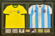 Load image into Gallery viewer, PELE &amp; DIEGO MARADONA Signed Brazil &amp; Argentina Jerseys Display
