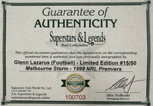 Load image into Gallery viewer, GLENN LAZARUS “1999 NRL Premiers” Signed Football Display
