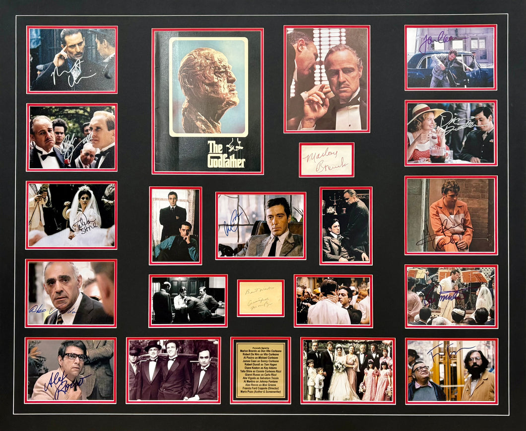 THE GODFATHER - BRANDO, DENIRO, PACINO, CAAN, DUVALL, KEATON, SHIRE, RUSSO, VIGODA, MARTINO, ROCCO, COPOLLA & PUZO Signed Photos Collage Display