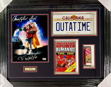 Load image into Gallery viewer, BACK TO THE FUTURE - Michael J Fox &amp; Christopher Lloyd Signed Photo &amp; Film Props Display
