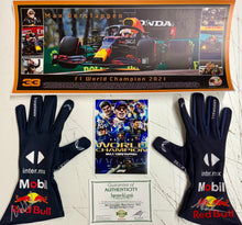 Load image into Gallery viewer, MAX VERSTAPPEN Signed Pair of F1 Red Bull Racing Gloves &amp; Championship Print
